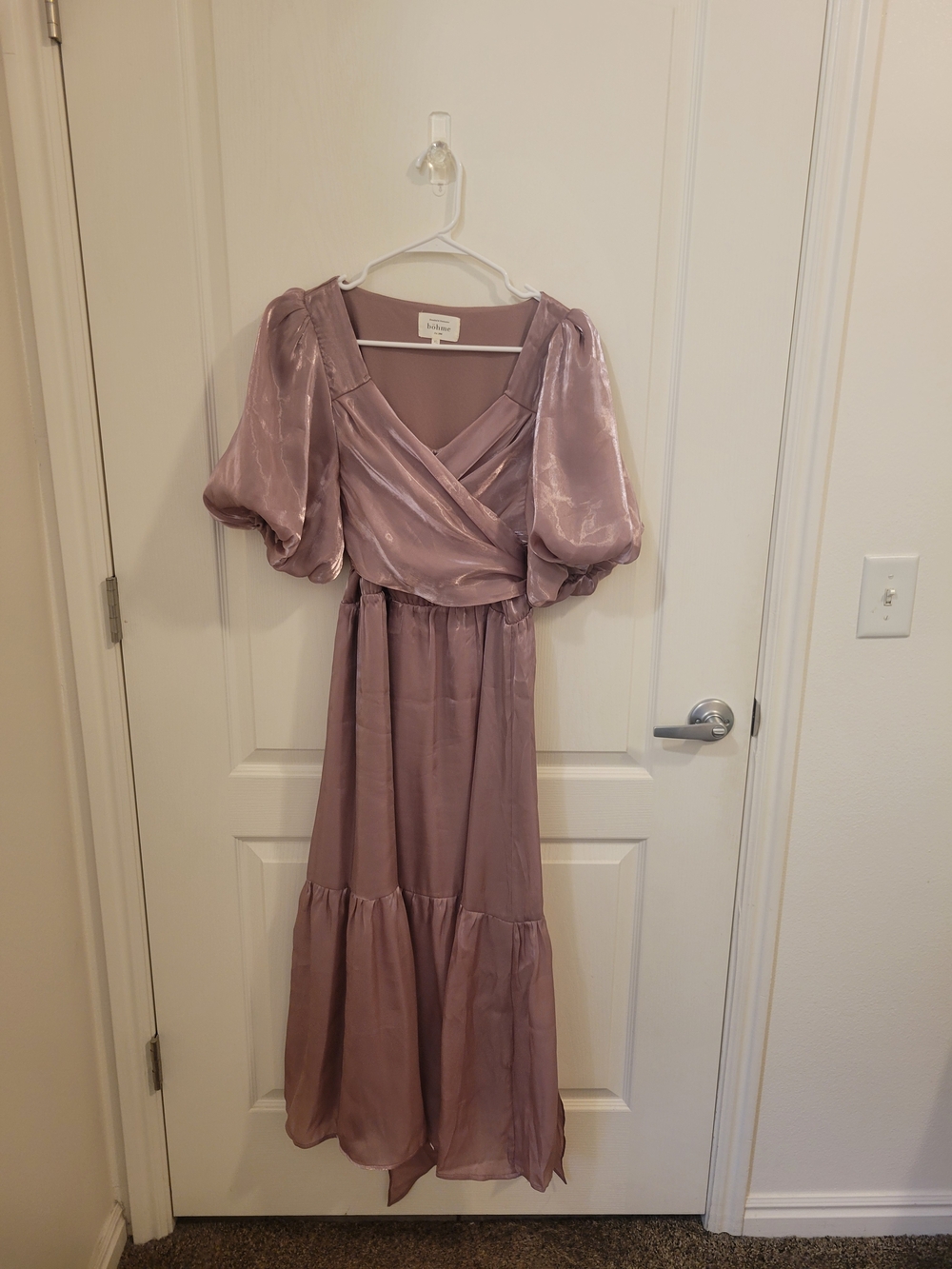 bohme Dusty Lavender Satin Wrap Maxi Dress with Puff Sleeves
